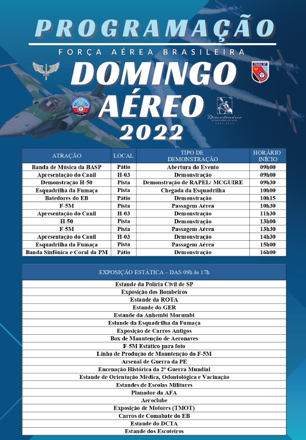 Programação do Domingo Aéreo 2022 PAMA SP Poder Aéreo Aviação